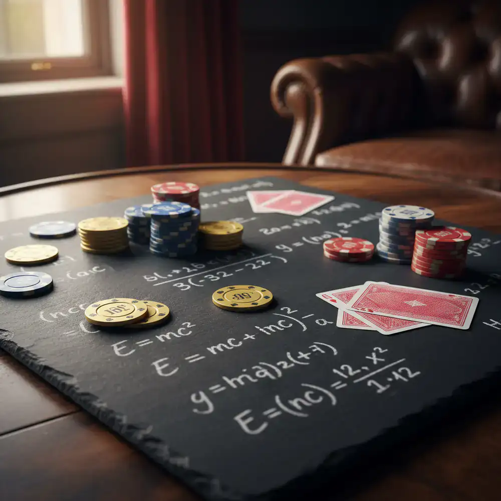 Wiskundige formules en casino fiches op een tafel